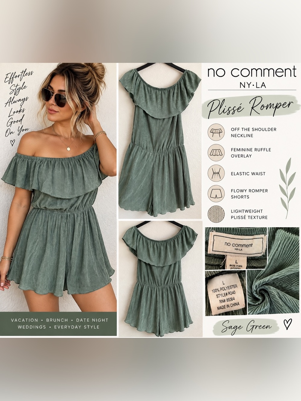 No Comment NY Sage Green Off-Shoulder Plissé Romper